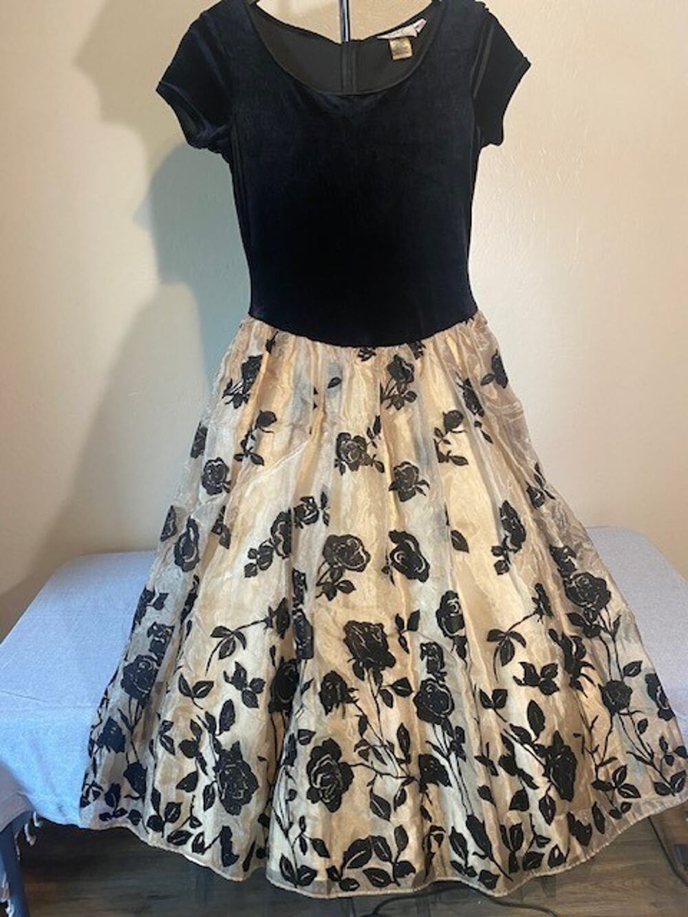 Vintage Jody California Girls Velvet Party Dress Black Flocked Organza Size 3/4